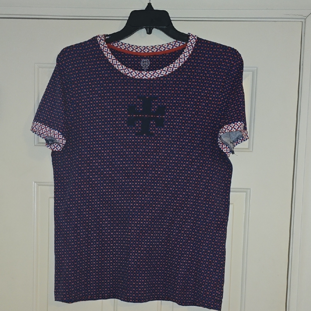 Tory Burch Blue and Red Short Sleeve Tee with Geometric Pattern